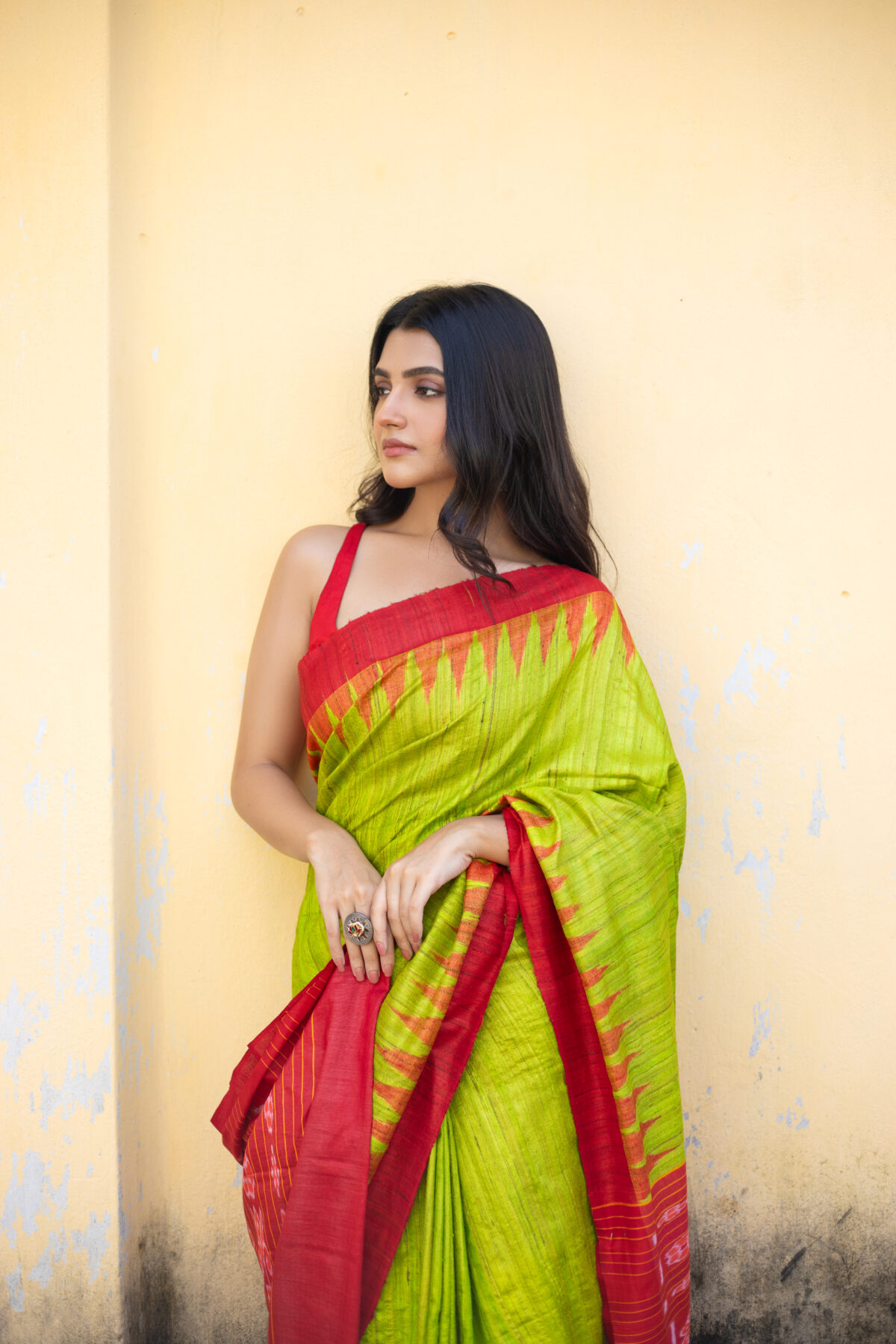 Pure Ghicha Tussar Fresh Leafy Green With Hot Red Temple Border With Sambalpuri Pallu