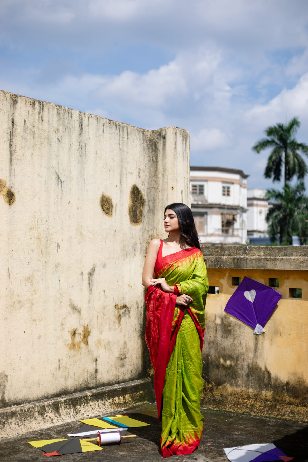 Pure Ghicha Tussar Fresh Leafy Green With Hot Red Temple Border With Sambalpuri Pallu - Image 2
