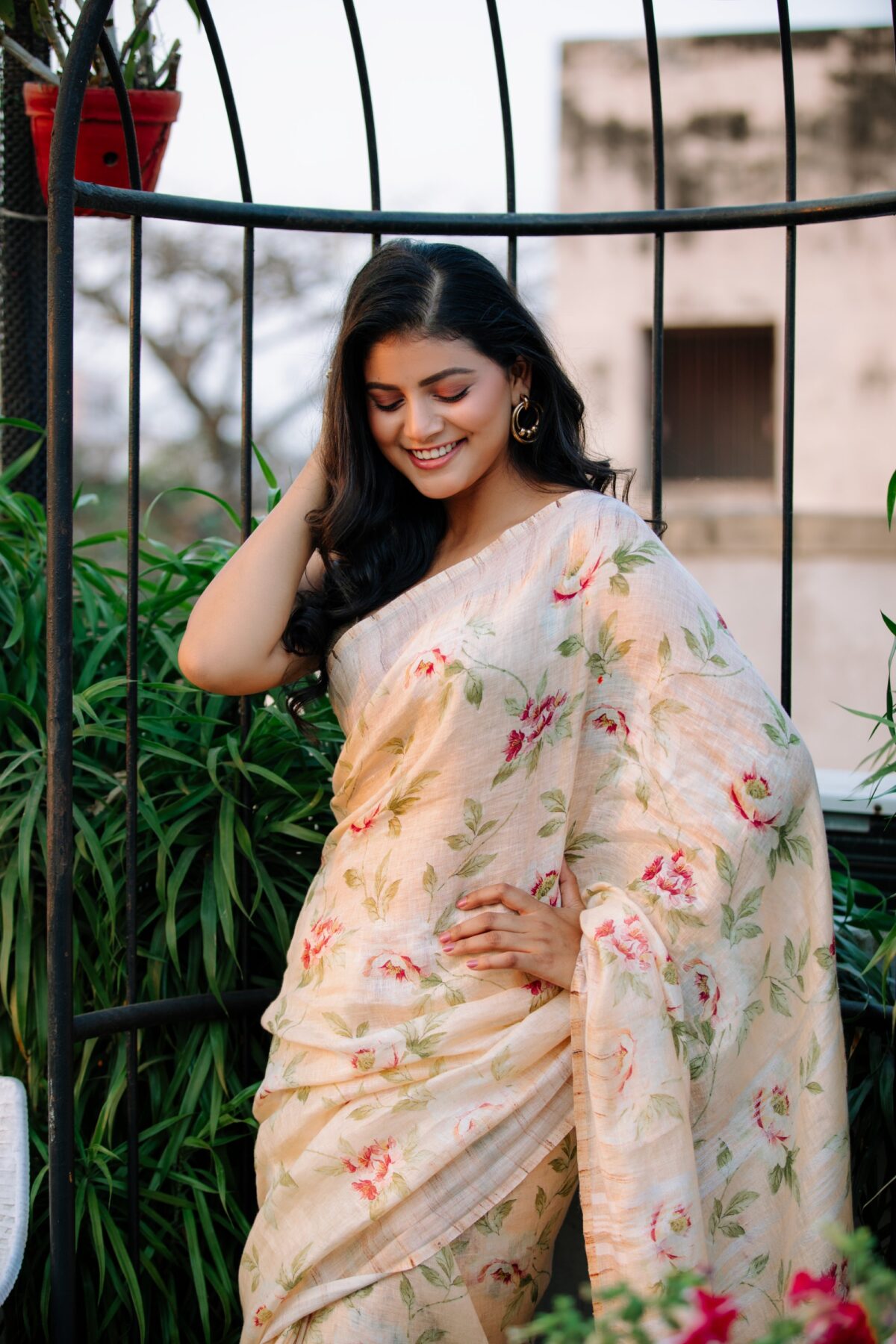 beige floral pure linen handloom - Image 2