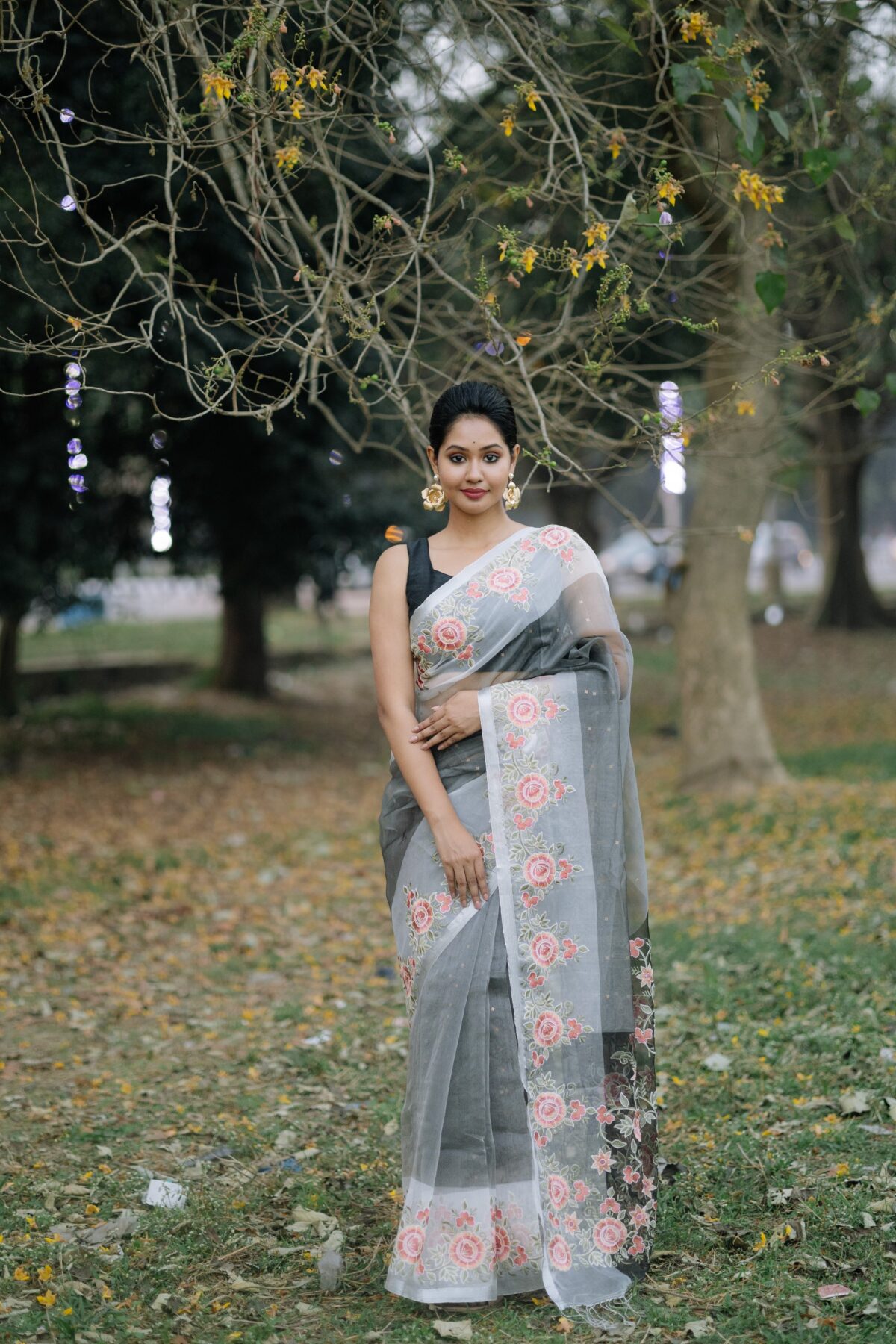 slate grey pure organza with floral embroidery border motif