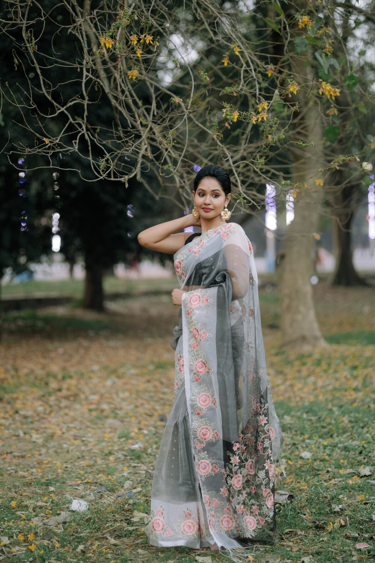 slate grey pure organza with floral embroidery border motif - Image 2