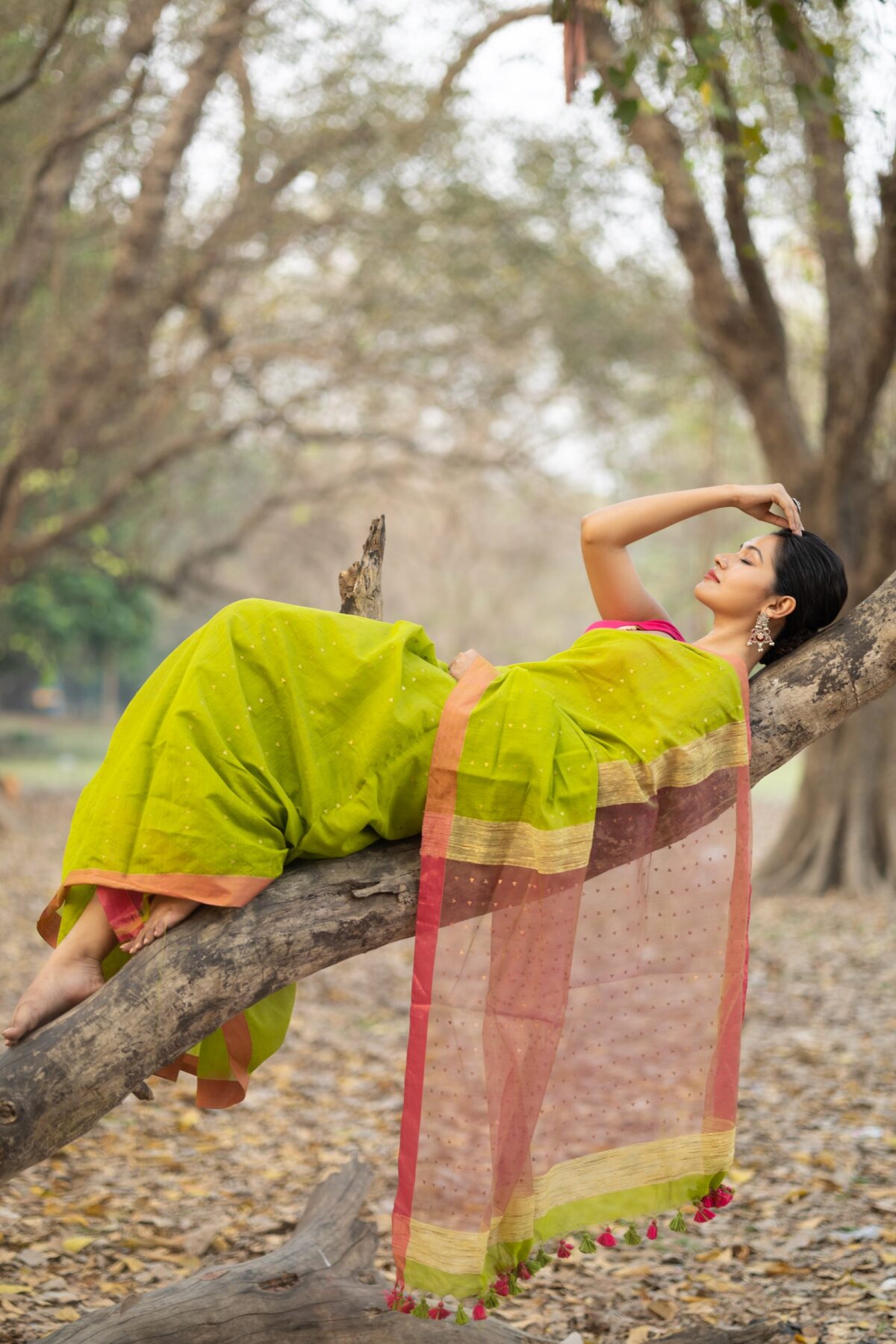 leafy green pure matka with contrast red & beige ghicha pallu with whole body sequence work