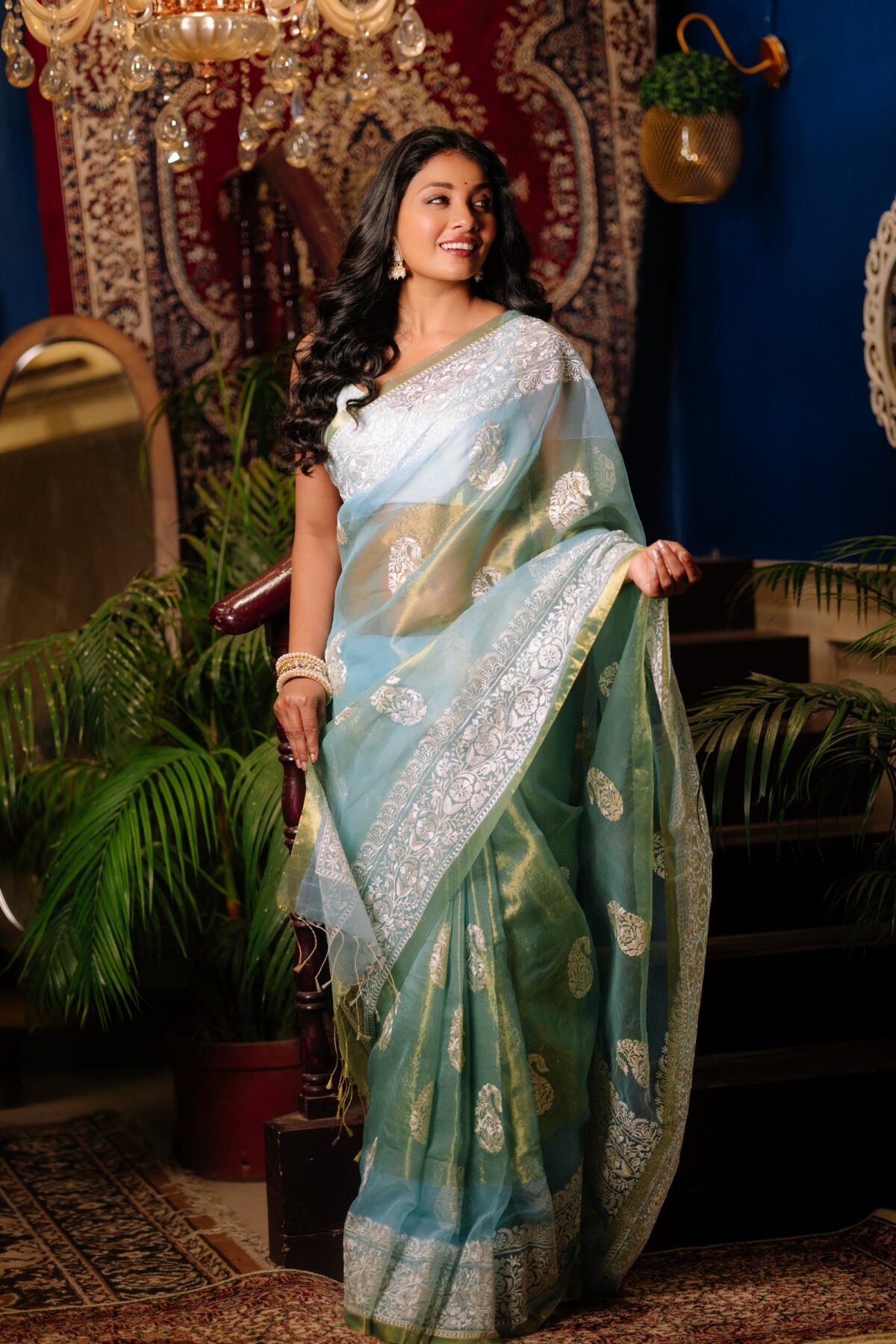 Pastel sap green pure organza with intricate embroidery threadwork - Image 3