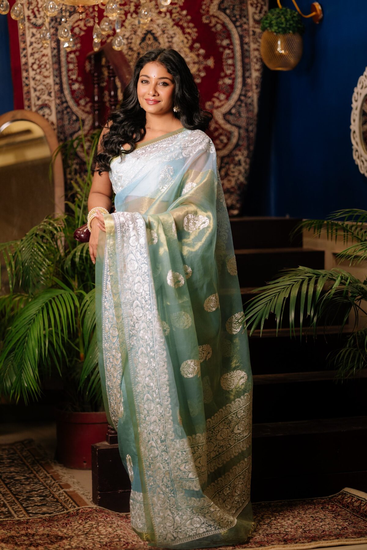 Pastel sap green pure organza with intricate embroidery threadwork