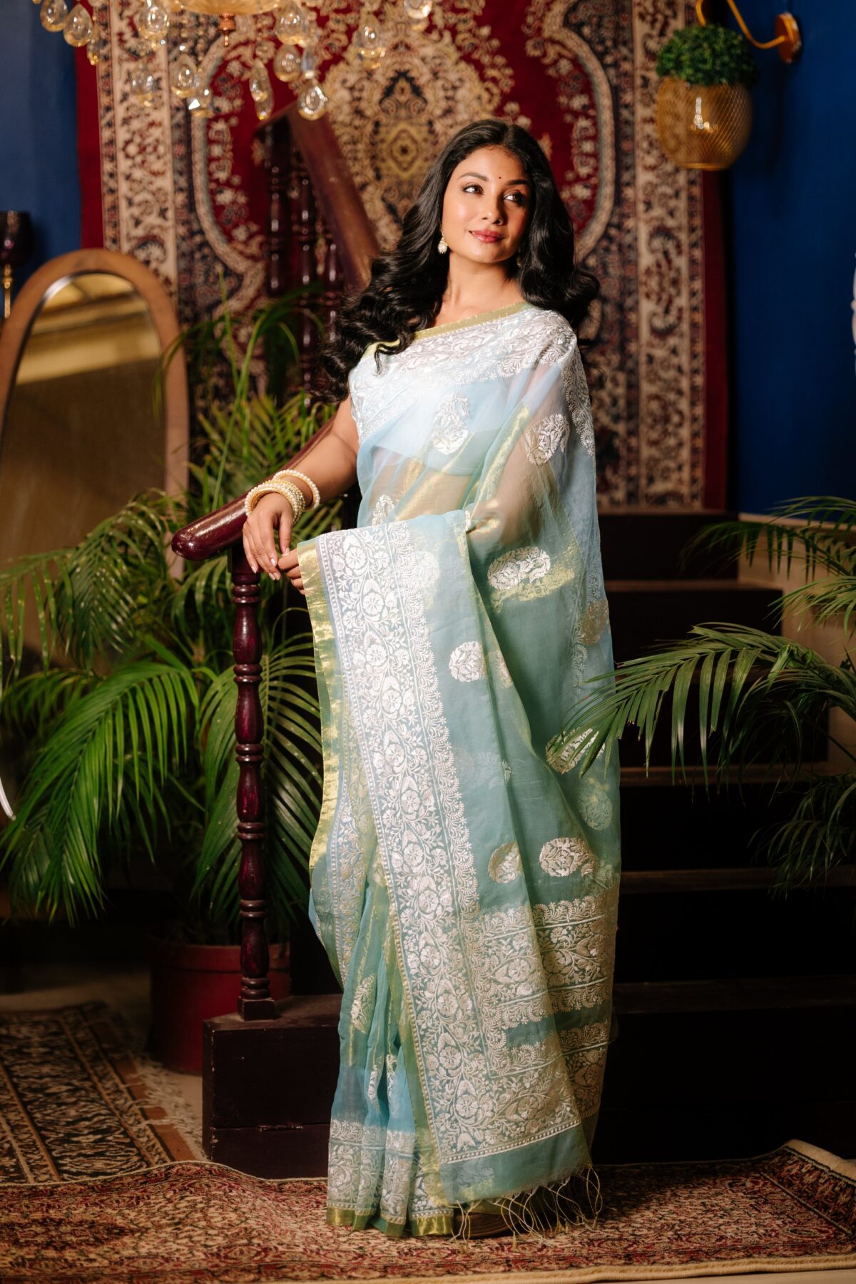 Pastel sap green pure organza with intricate embroidery threadwork - Image 2