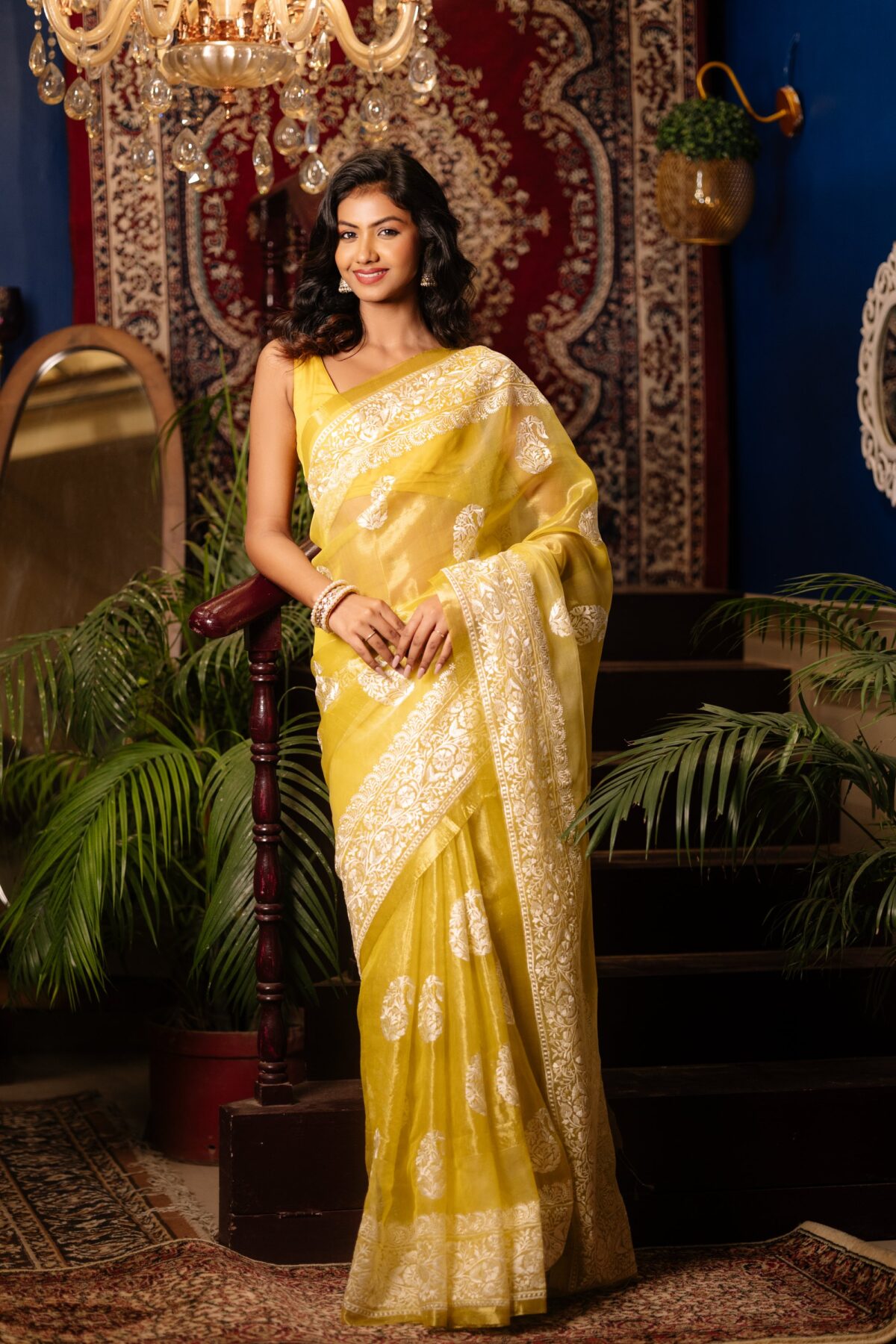 lemon yellow Organza with beige parsi threadwork