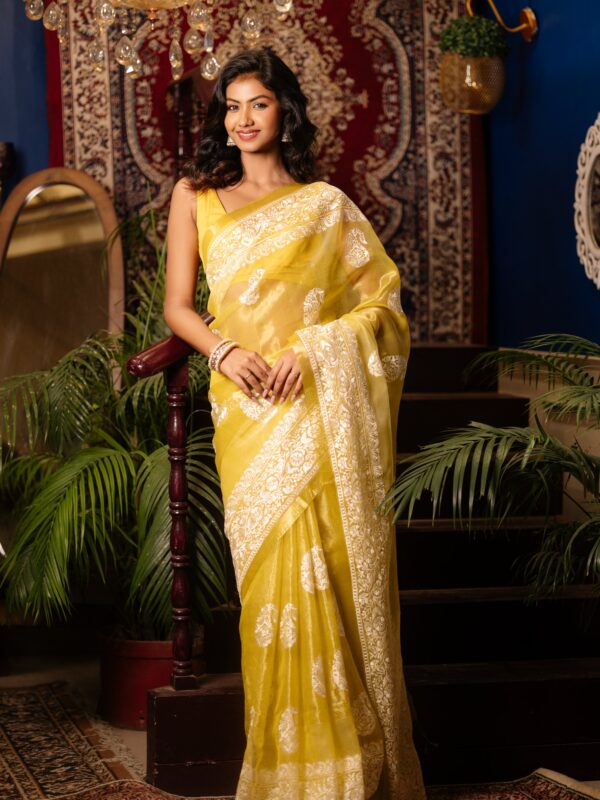 lemon yellow Organza with beige parsi threadwork