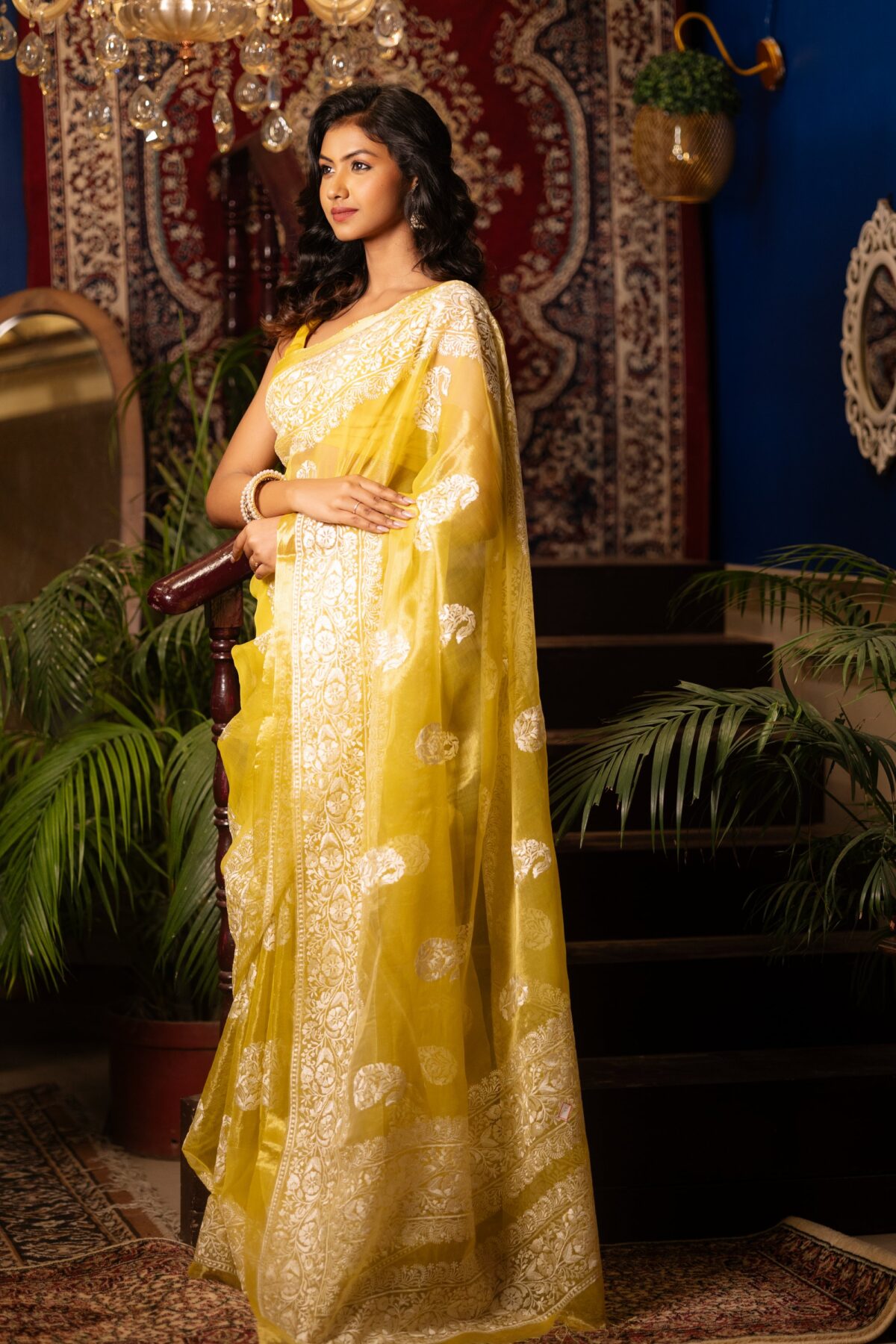 lemon yellow Organza with beige parsi threadwork - Image 2