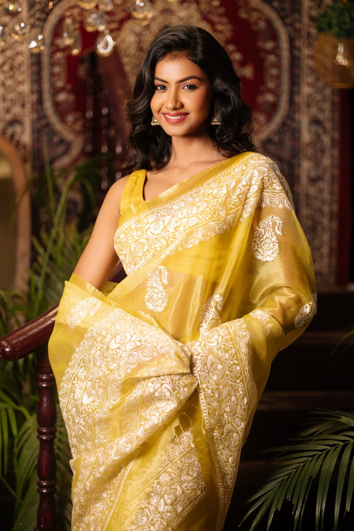 lemon yellow Organza with beige parsi threadwork - Image 3