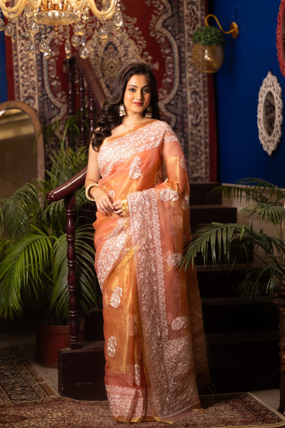 saffron with beige parsi motif embroidery art in a pure organza - Image 2