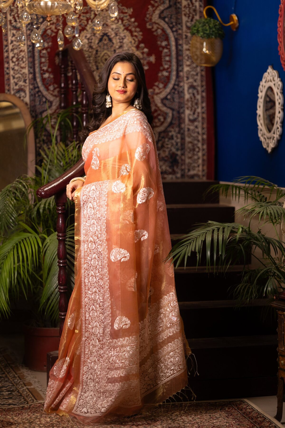 saffron with beige parsi motif embroidery art in a pure organza - Image 3