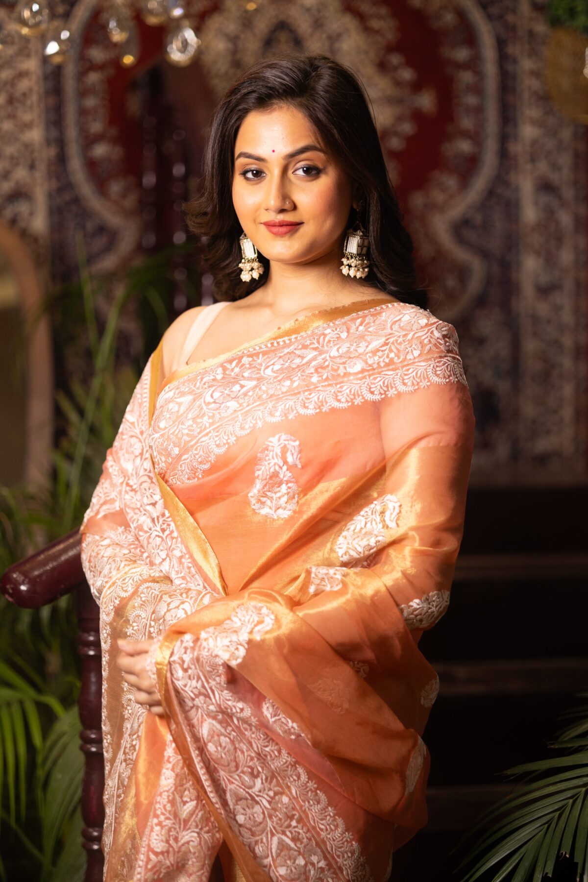 saffron with beige parsi motif embroidery art in a pure organza