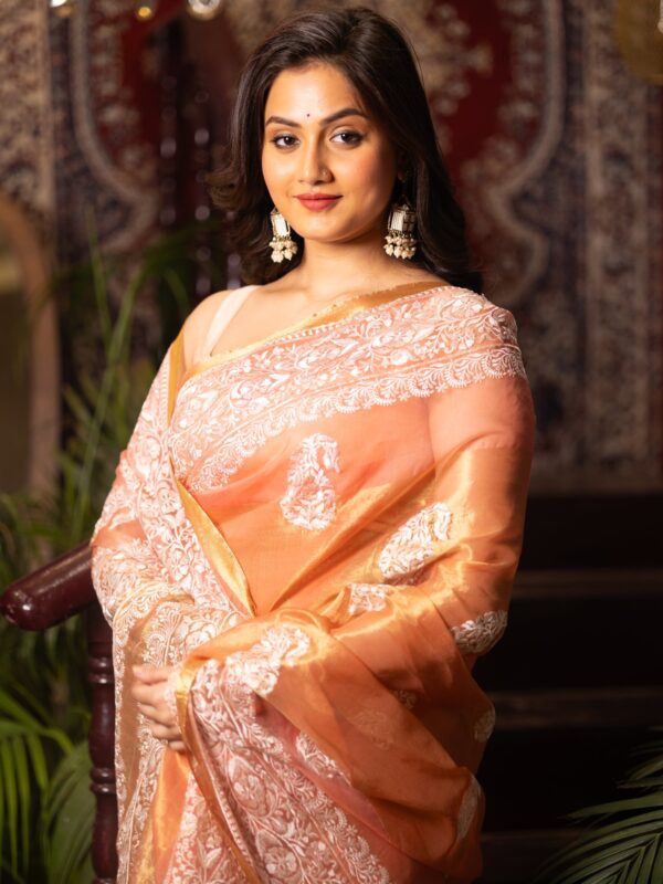 saffron with beige parsi motif embroidery art in a pure organza